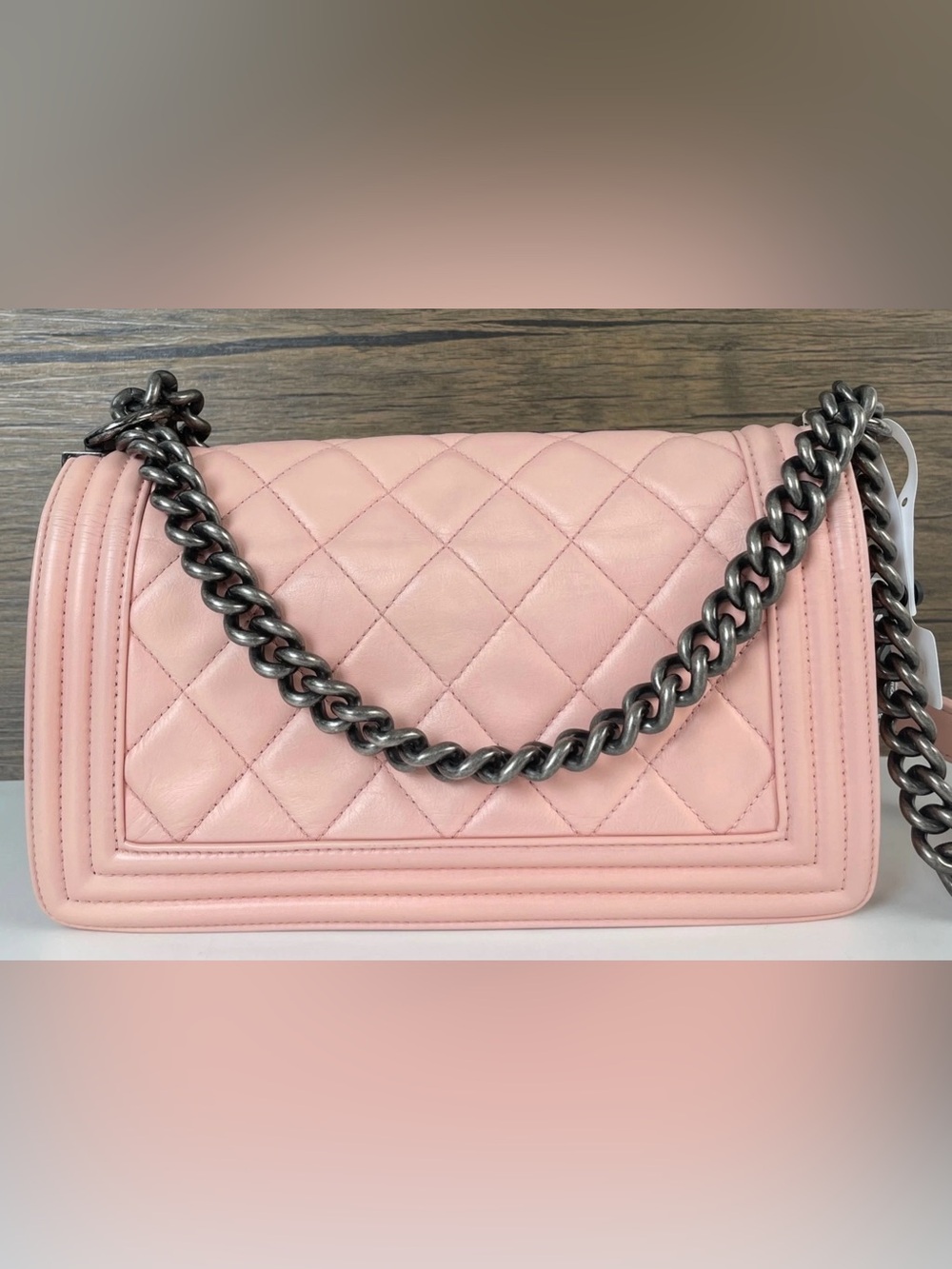 Authentic CHANEL Lambskin Quilted Medium Boy Flap Bag Pink Ruthenium HW Blk Card
